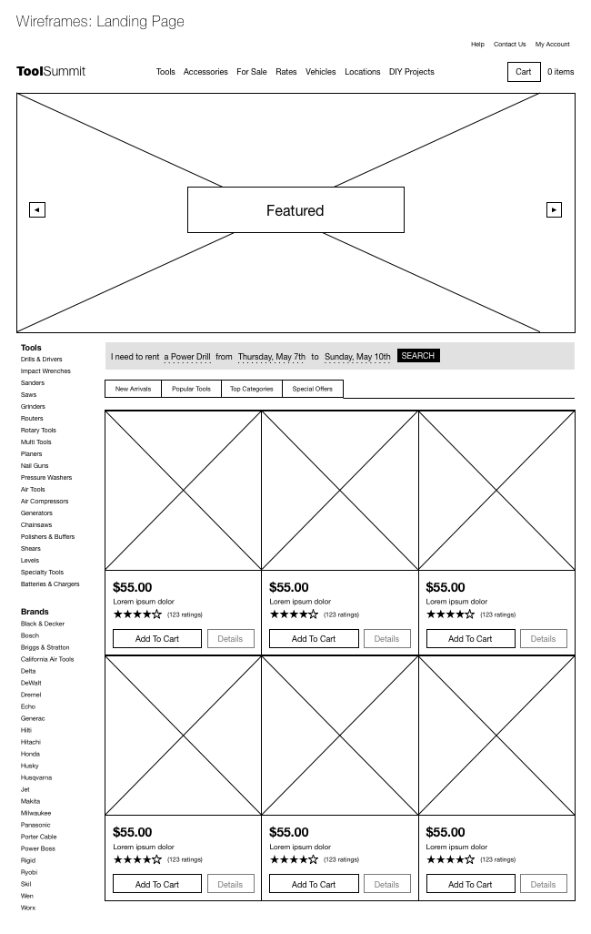 Web: Concept Tool Rental Site - Landing Page Wireframe